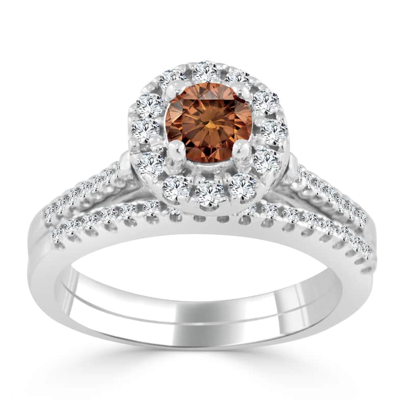 14k Gold 3/4ct TDW Brown Diamond Halo Engagement Ring Set by Auriya