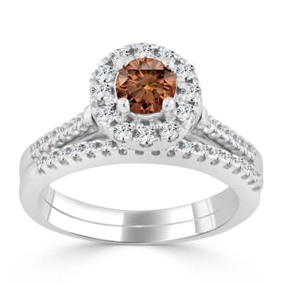 14k Gold 3/4ct TDW Brown Diamond Halo Engagement Ring Set by Auriya