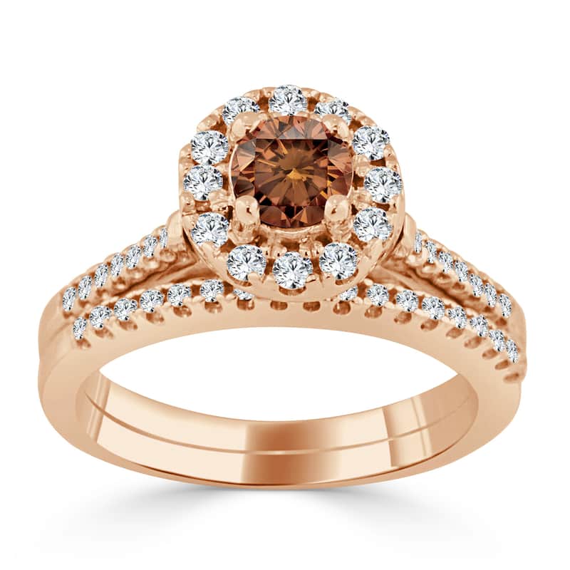 14k Gold 3/4ct TDW Brown Diamond Halo Engagement Ring Set by Auriya
