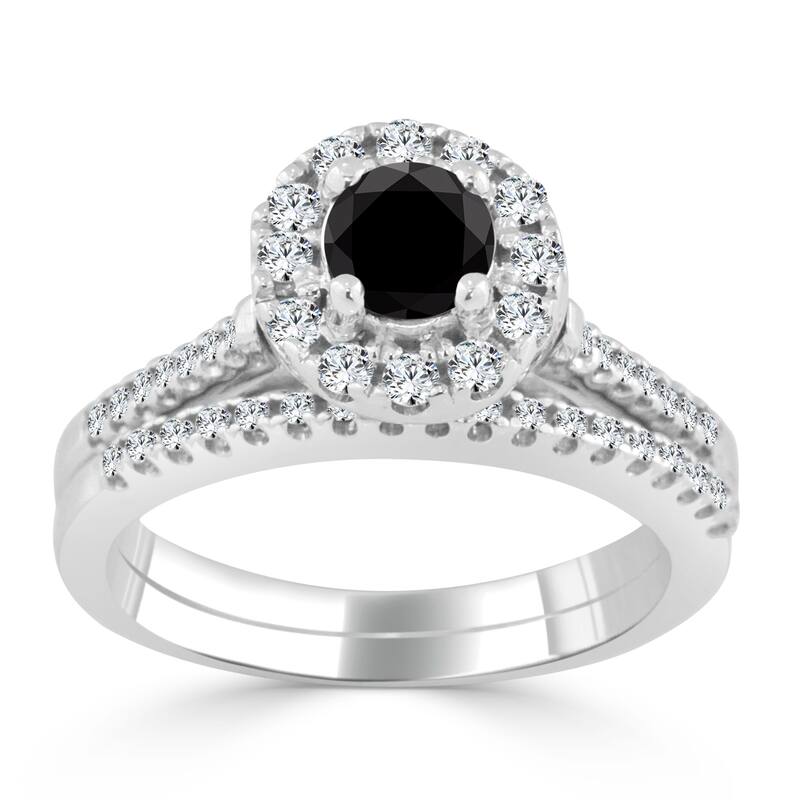 Auriya 3/4ctw Halo Black Diamond Engagement Ring and Wedding Band Set 14k Gold - 4 - White
