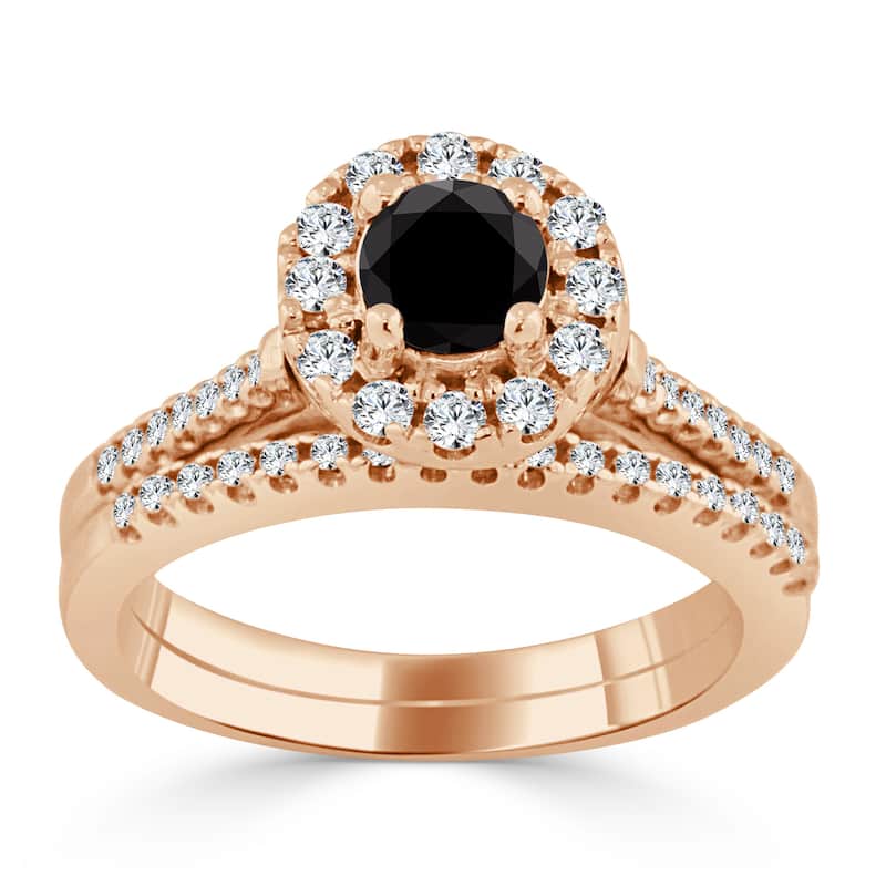 Auriya 3/4ctw Halo Black Diamond Engagement Ring and Wedding Band Set 14k Gold - 4 - Rose
