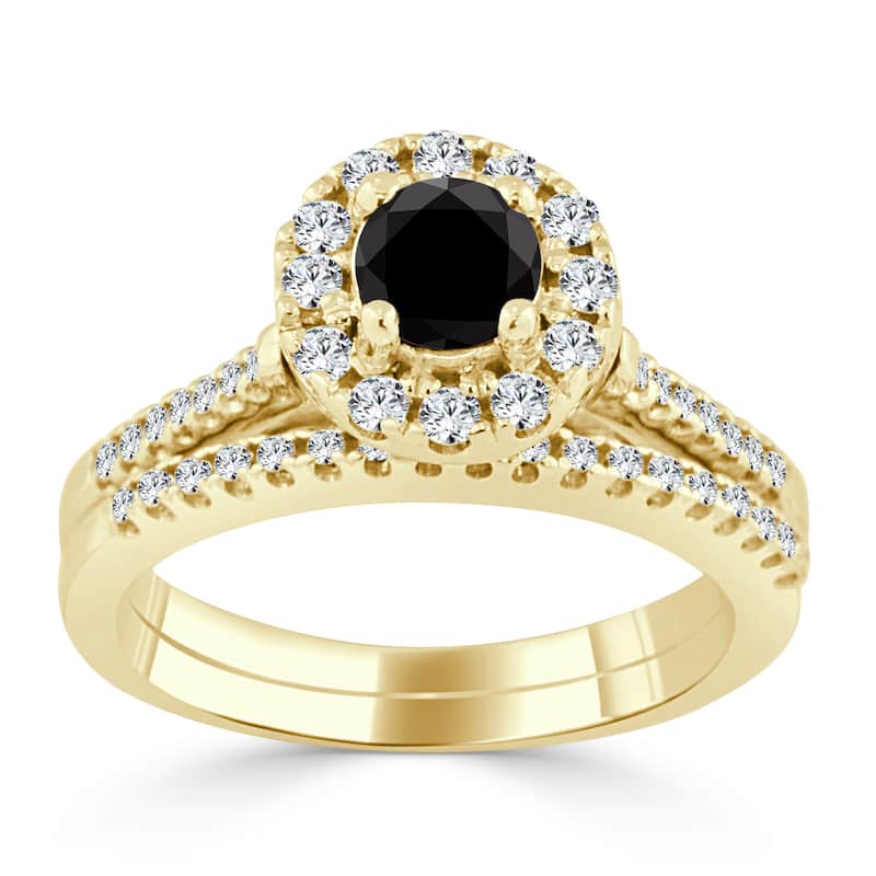 Auriya 3/4ctw Halo Black Diamond Engagement Ring and Wedding Band Set 14k Gold - 4 - Yellow