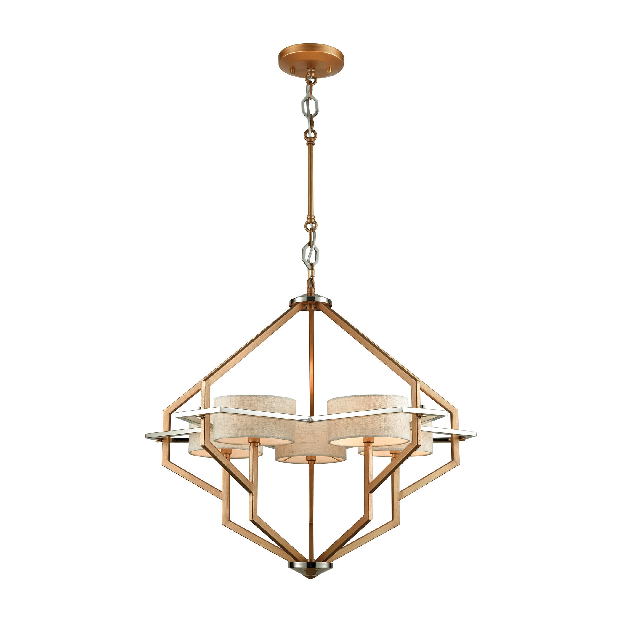 Warrenton Matte Goldtone Metal 5-light Chandelier with Polished Nickel Accents and Beige Linen Shades (Chandelier) - Chandeliers For Bedrooms by Overstock.com