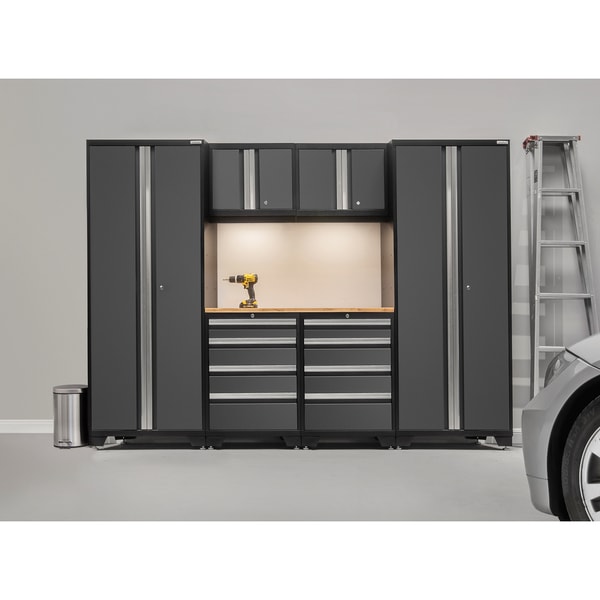 NewAge Products 50070 Bold 3.0 Garage Storage Cabinet Set with Bamboo Worktop Gray 7-Piece