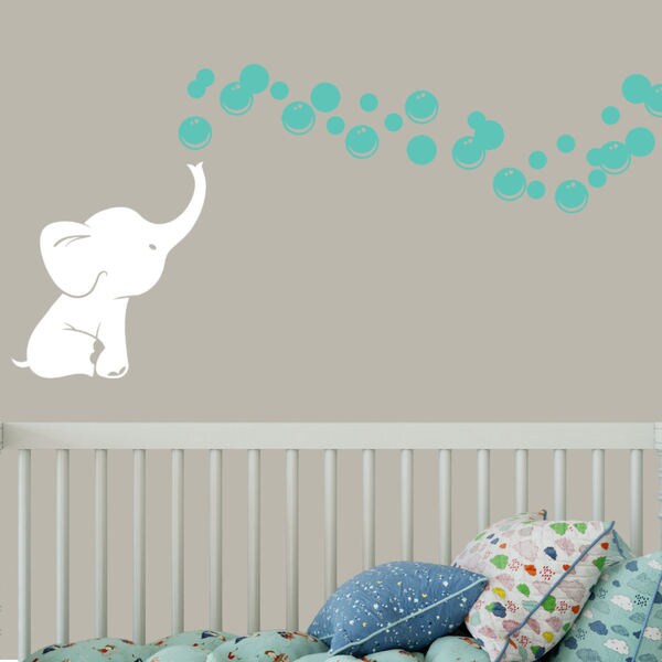Elephant Bubbles Vinyl Wall Decal with Grey Elephant and Light Blue Bubbles makes a great baby shower gift nursery room decor 
