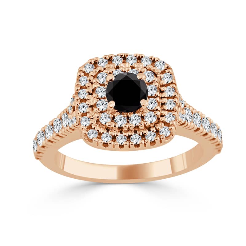 14k Gold 1ct TDW Round Double Halo Black Diamond Engagement Ring by Auriya