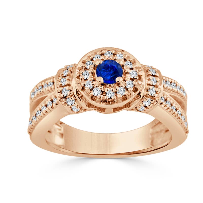 14k Gold 1/6ct Blue Sapphire and 2/5ct TDW Diamond Halo Engagement Ring by Auriya
