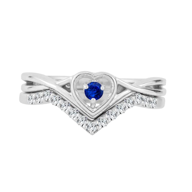 14k Gold 1/10ct Blue Sapphire and 1/5ct TDW Heart Accent Diamond Wedding Ring Set
