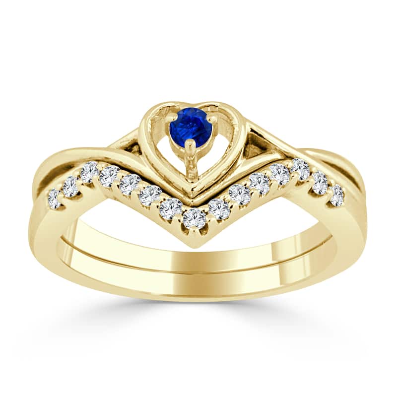 14k Gold 1/10ct Blue Sapphire and 1/5ct TDW Heart Accent Diamond Wedding Ring Set
