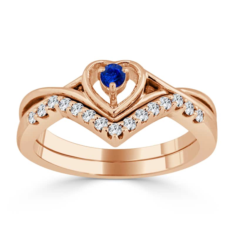 14k Gold 1/10ct Blue Sapphire and 1/5ct TDW Heart Accent Diamond Wedding Ring Set