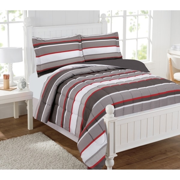 Shop Brett Stripe Gray/Red 4-piece Comforter Set - Free ...