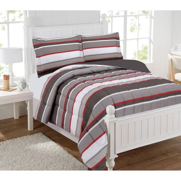 Shop Brett Stripe Gray Red 4 Piece Comforter Set Free Shipping