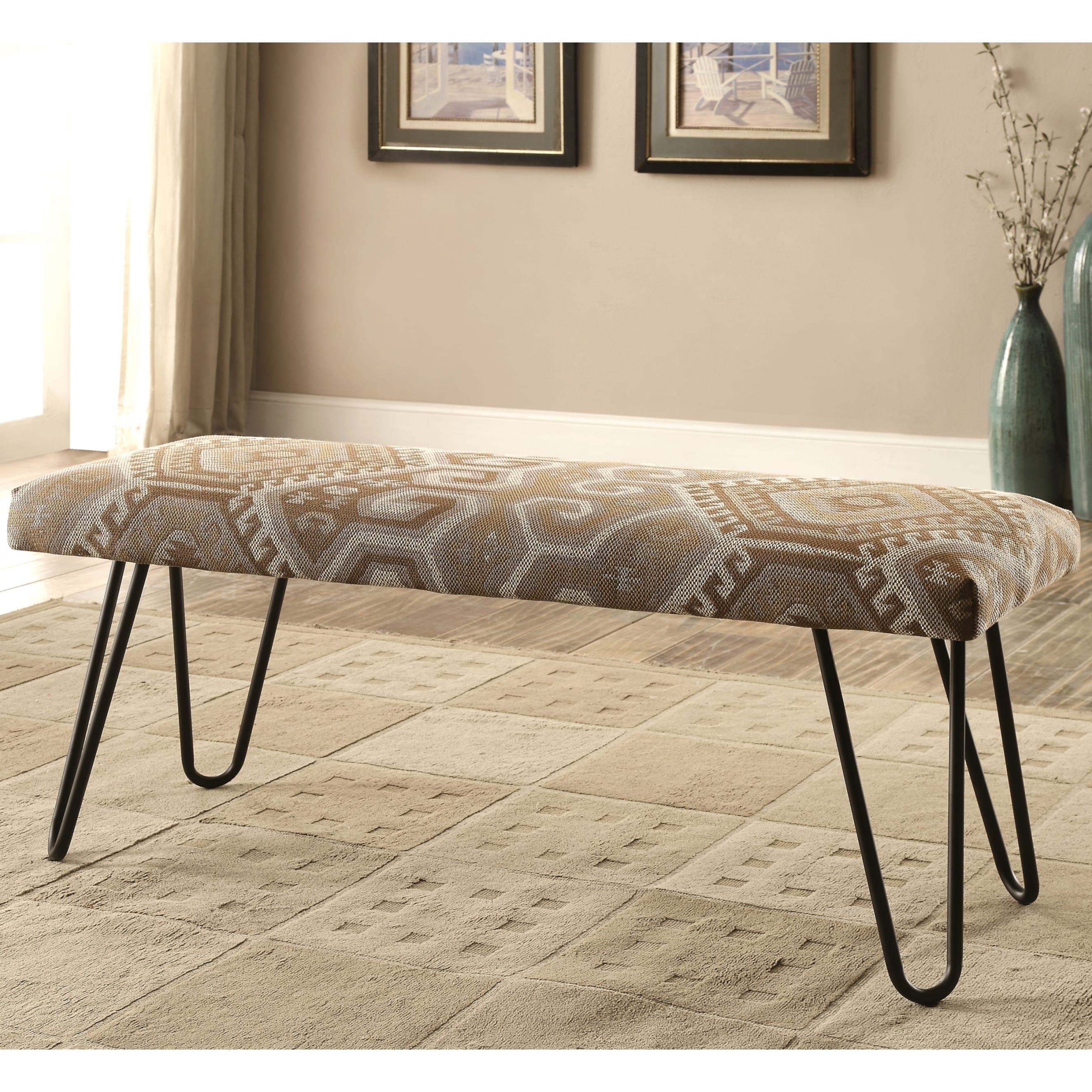 Mid Century Modern Southwestern Print Living Room Accent Bench With Hairpin Legs Overstock 16899375