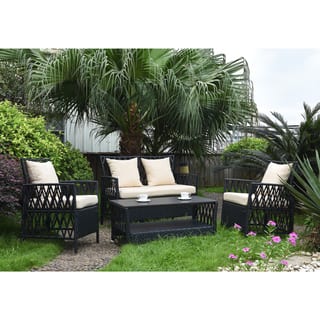 Handy Living Patio Furniture Find Great Outdoor Seating Dining Handy Living Hayden 4 Piece Outdoor Woven Black Resin Rattan Patio Set With Beige Fabric Cushions