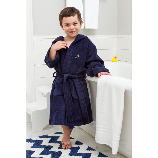 Sweet Kids Turkish Cotton Terry Midnight Blue with Grey Script Monogram Hooded Bathrobe