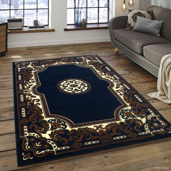 Allstar Navy Blue Brown Woven Traditional Printed Rug Free Allstar Navy Blue Brown Woven Traditional Printed Rug