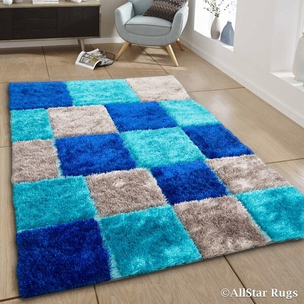 Allstar Blue Aqua Geometric Cube Thick High Pile Rug Allstar Blue Aqua Geometric Cube Thick High Pile Rug
