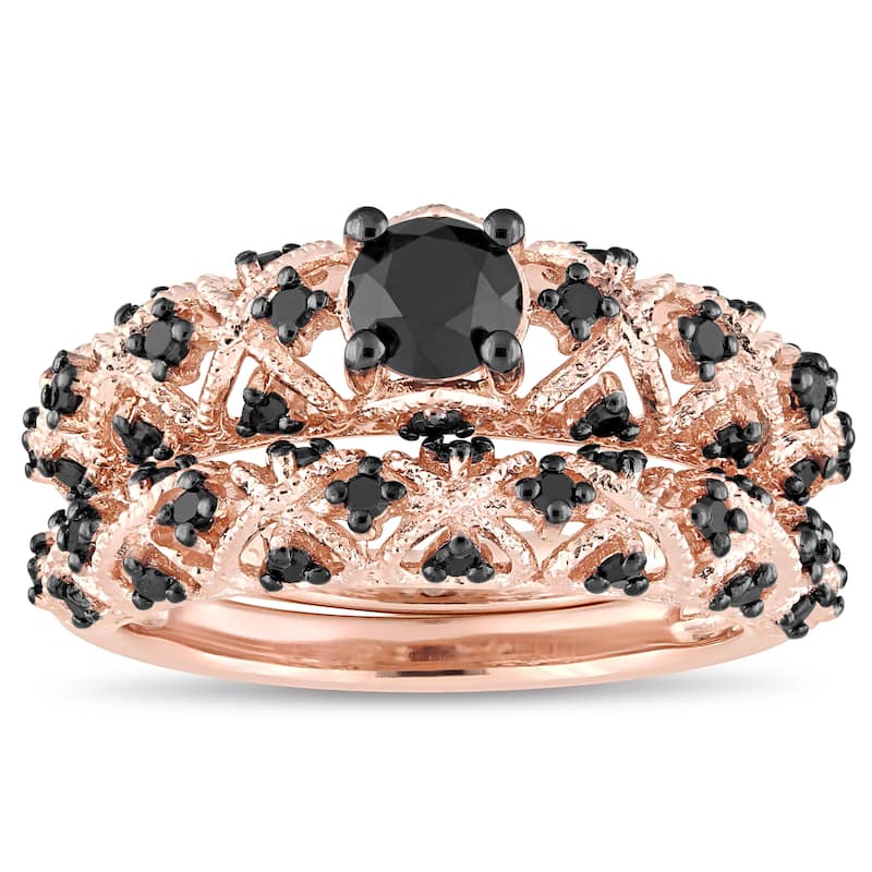 Miadora Rose Gold Plated Sterling Silver 1Ct TDW Black Diamond Infinity Bridal Set