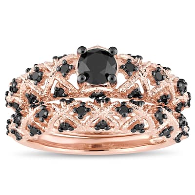 Miadora Rose Gold Plated Sterling Silver 1Ct TDW Black Diamond Infinity Bridal Set