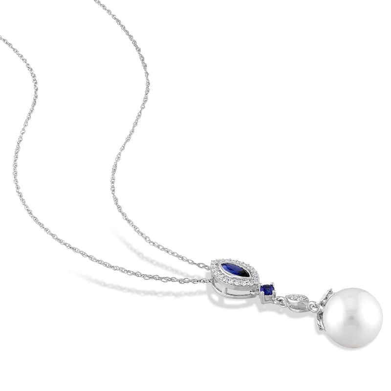 Miadora 10k White Gold Cultured Freshwater Pearl Created Sapphire & 1/7ct TDW Diamond Halo Marquise Necklace (10-10.5 mm)