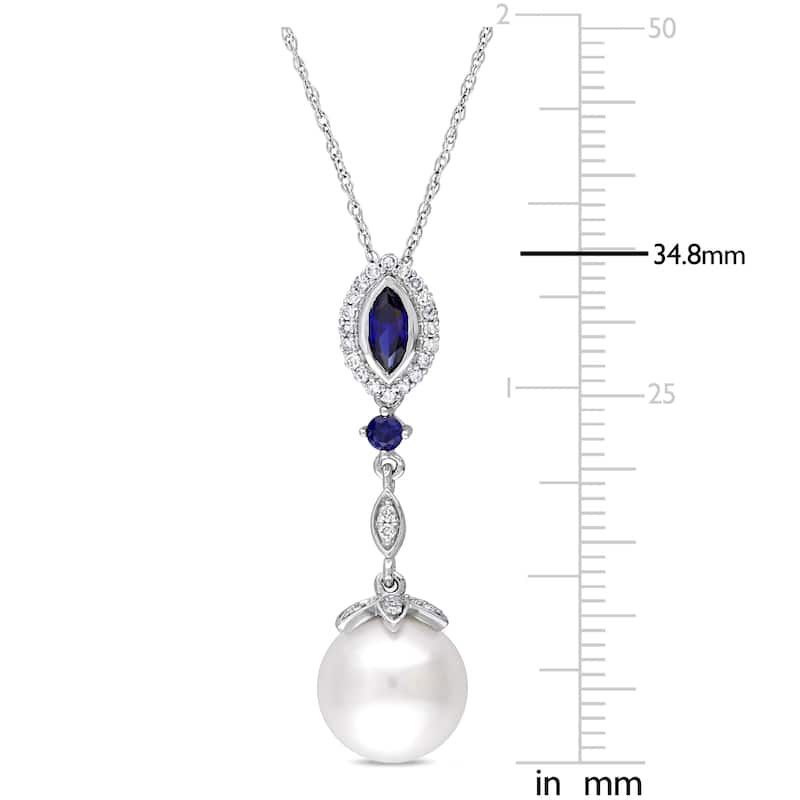 Miadora 10k White Gold Cultured Freshwater Pearl Created Sapphire & 1/7ct TDW Diamond Halo Marquise Necklace (10-10.5 mm)