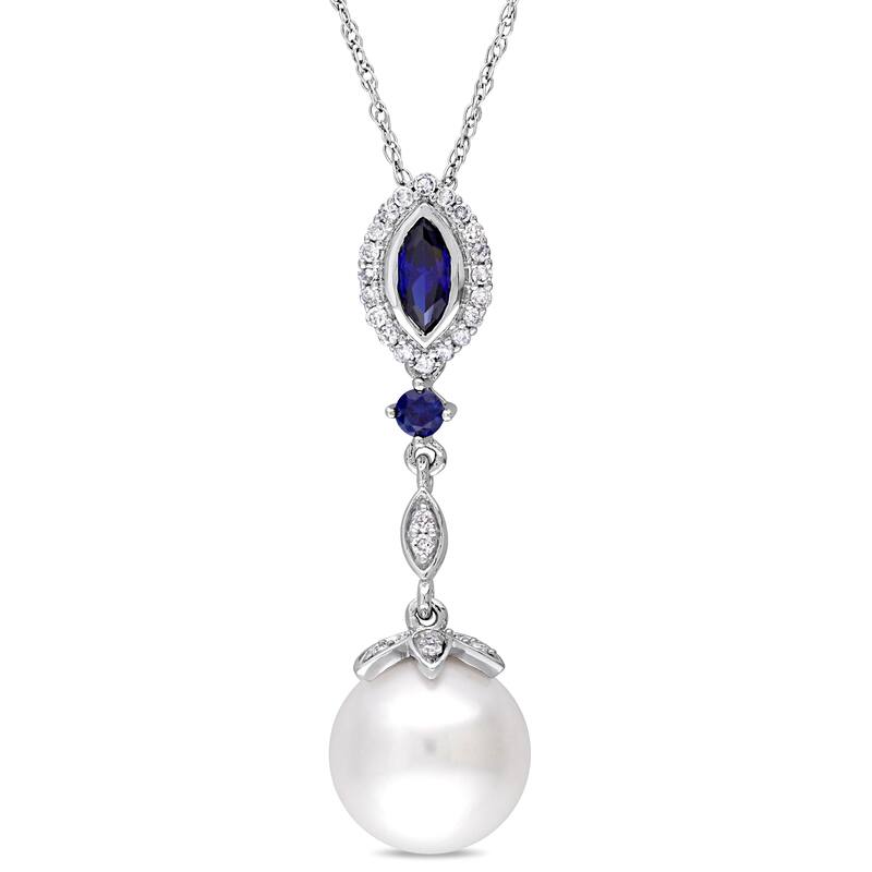 Miadora 10k White Gold Cultured Freshwater Pearl Created Sapphire & 1/7ct TDW Diamond Halo Marquise Necklace (10-10.5 mm)