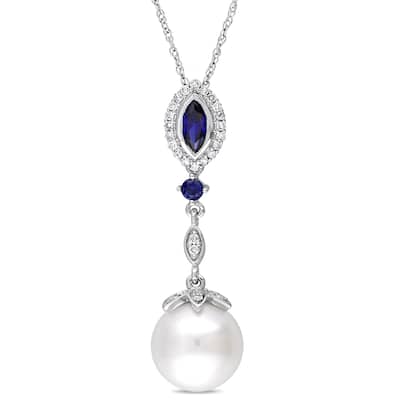 Miadora 10k White Gold Cultured Freshwater Pearl Created Sapphire & 1/7ct TDW Diamond Halo Marquise Necklace (10-10.5 mm)