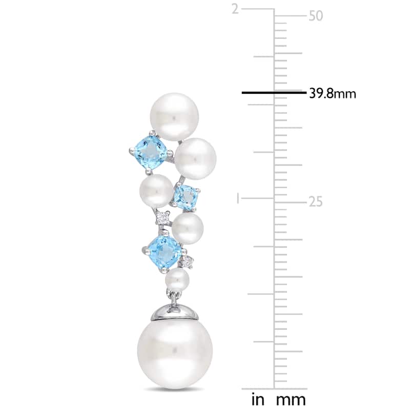 Miadora Sterling Silver Cultured Freshwater Pearl Swiss-Blue Topaz and Diamond Cluster Drop Earrings (11-12 mm) - White