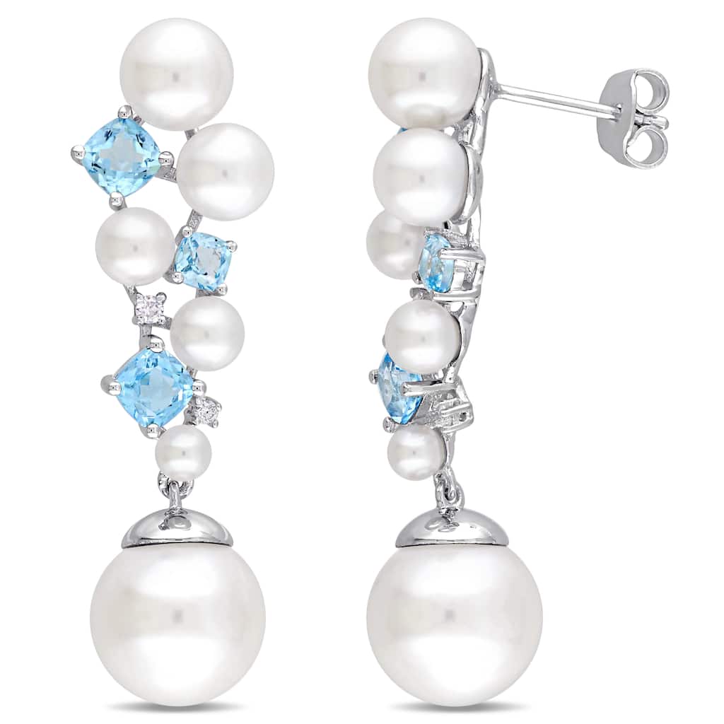 Miadora Sterling Silver Cultured Freshwater Pearl Swiss-Blue Topaz and Diamond Cluster Drop Earrings (11-12 mm) - White
