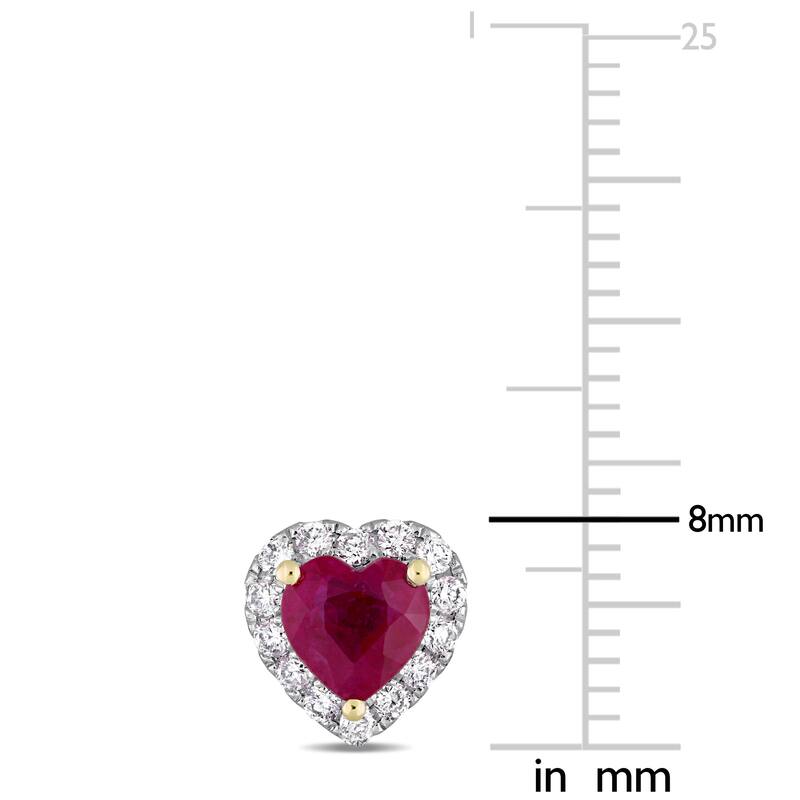 Miadora Signature Collection 14k White Gold with Yellow Gold Prongs Heart-Cut Ruby 1/3ct TDW Diamond Halo Stud Earrings - Red