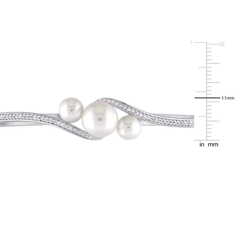 Miadora Sterling Silver Cultured Freshwater Pearl & Created White Sapphire 3-Stone Bypass Bangle (9-9.5 mm)