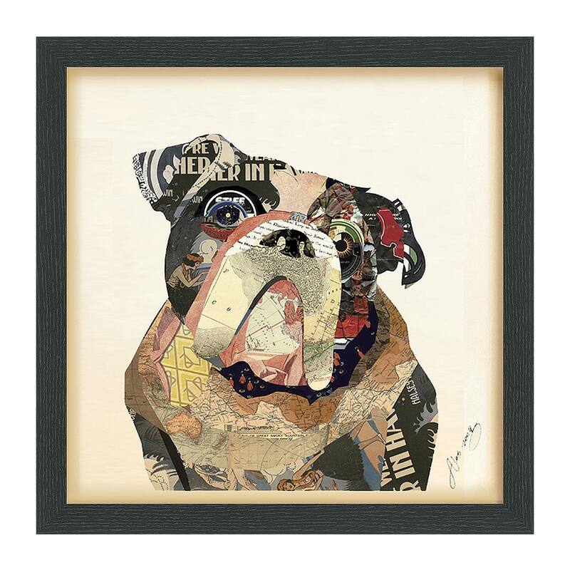 Empire Art 'English Bulldog' Hand Made Signed Art Collage by EAD Artists Co-op under Tempered Glass in Black Frame
