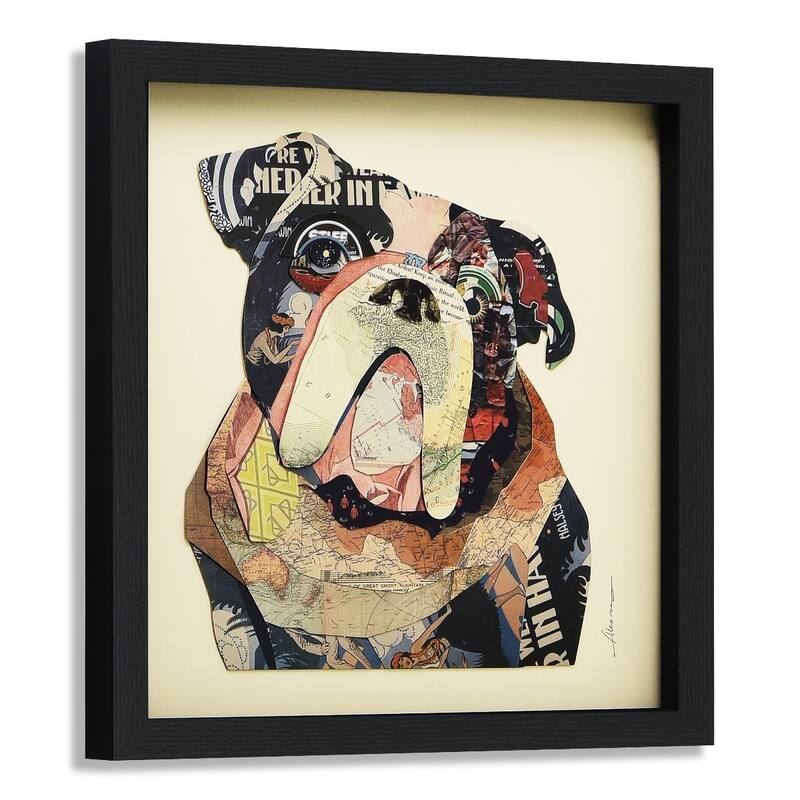 Empire Art 'English Bulldog' Hand Made Signed Art Collage by EAD Artists Co-op under Tempered Glass in Black Frame