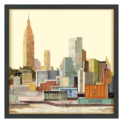 'New York City Skyline' Hand Made Signed Art Collage by EAD Artists Co-op under Glass in Black Frame
