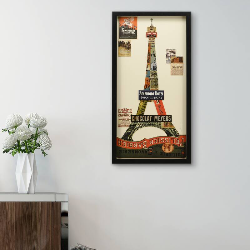 "Eiffel Tower" Alex Zeng's dimensional collage, under glass & a black shadow box frame