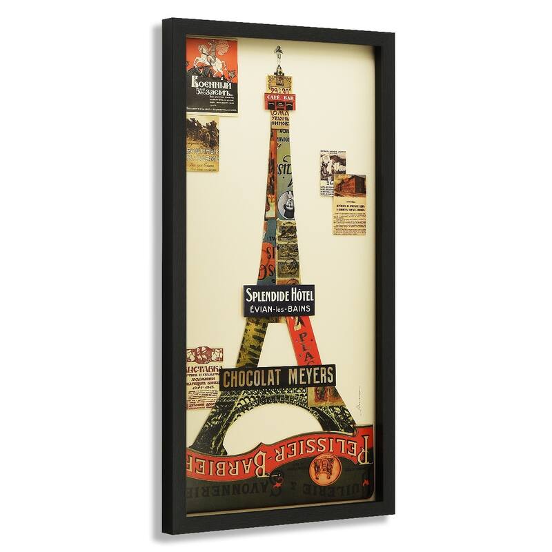 "Eiffel Tower" Alex Zeng's dimensional collage, under glass & a black shadow box frame