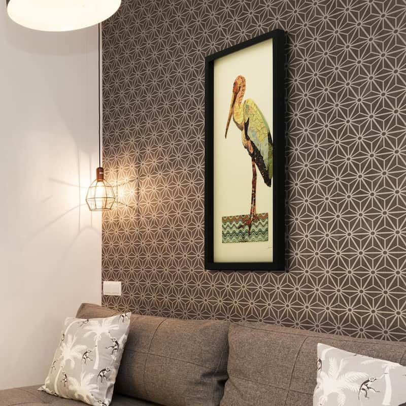 Empire Art 'Crane' Hand Made Signed Art Collage by EAD Artists Co-op under Tempered Glass in Black Frame