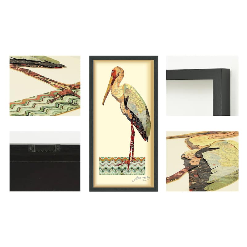 Empire Art 'Crane' Hand Made Signed Art Collage by EAD Artists Co-op under Tempered Glass in Black Frame