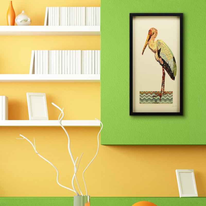 Empire Art 'Crane' Hand Made Signed Art Collage by EAD Artists Co-op under Tempered Glass in Black Frame