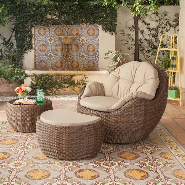 Greta Outdoor 3 Piece Wicker Furniture Set With Cushioned Greta Outdoor 3 Piece Wicker Furniture Set With Cushioned Lounge Chair Ottoman And Cushions