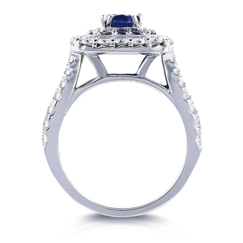 Annello by Kobelli 14k White Gold 1 7/8 CTW Double Cushion Halo Semi-split Shank Blue Sapphire and White Diamond Engagement Ring