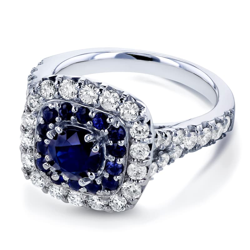Annello by Kobelli 14k White Gold 1 7/8 CTW Double Cushion Halo Semi-split Shank Blue Sapphire and White Diamond Engagement Ring