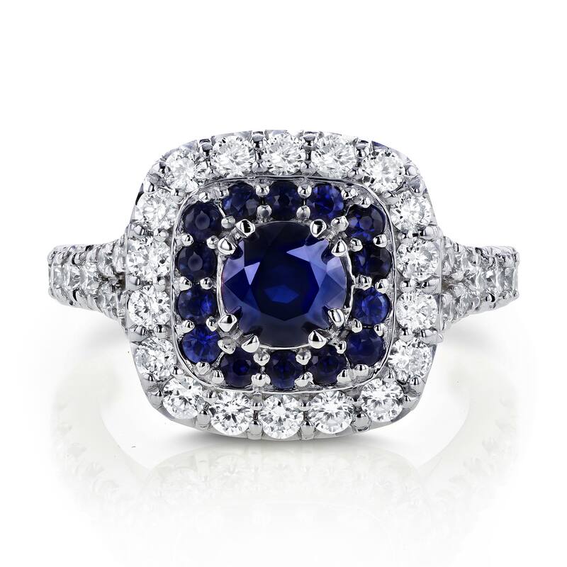 Annello by Kobelli 14k White Gold 1 7/8 CTW Double Cushion Halo Semi-split Shank Blue Sapphire and White Diamond Engagement Ring
