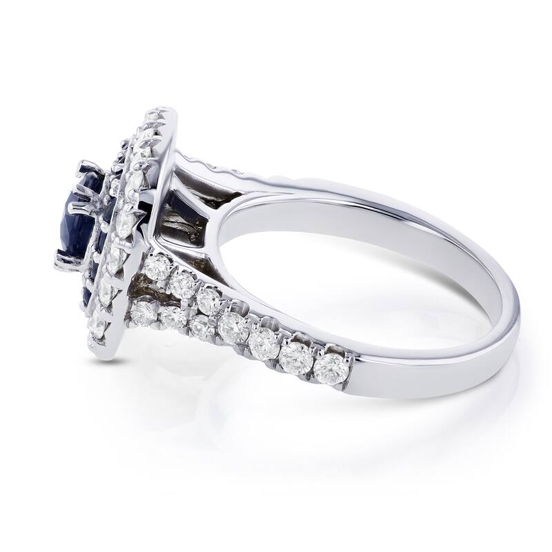 Annello by Kobelli 14k White Gold 1 7/8 CTW Double Cushion Halo Semi-split Shank Blue Sapphire and White Diamond Engagement Ring