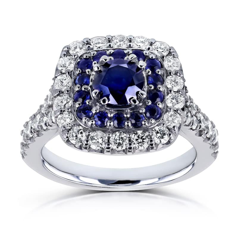 Annello by Kobelli 14k White Gold 1 7/8 CTW Double Cushion Halo Semi-split Shank Blue Sapphire and White Diamond Engagement Ring