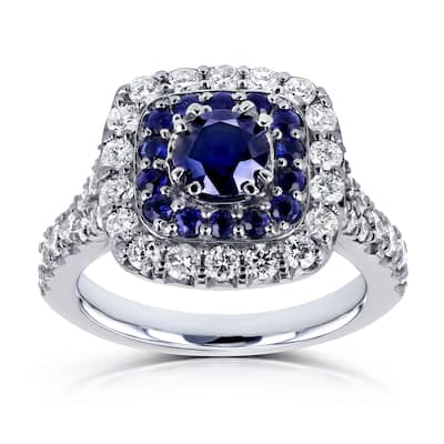 Annello by Kobelli 14k White Gold 1 7/8 CTW Double Cushion Halo Semi-split Shank Blue Sapphire and White Diamond Engagement Ring