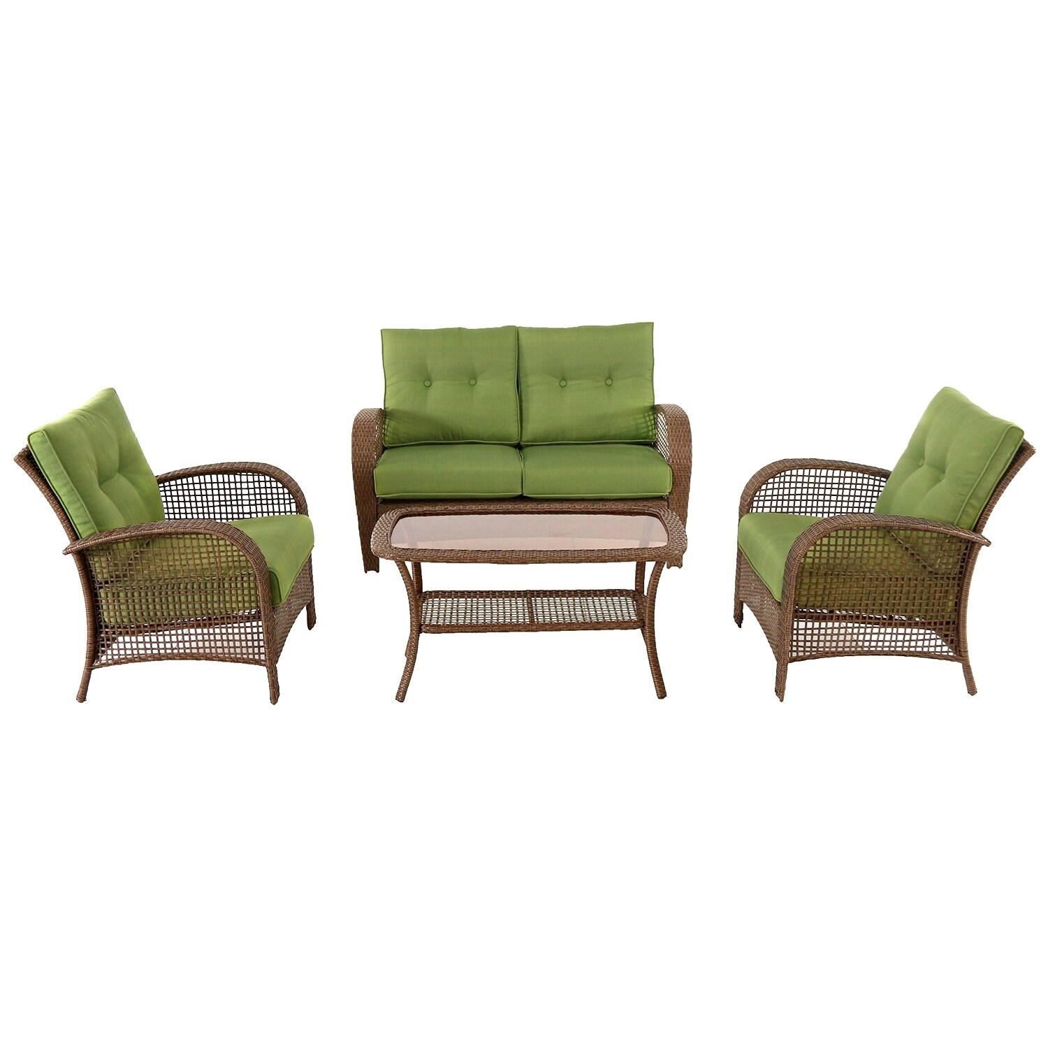 Shop Willow Spring Outdoor 4 Piece Wicker Furniture Seating Set With Loveseat Lounge Chair Coffee Table And Greenery Cushions Overstock 16928065