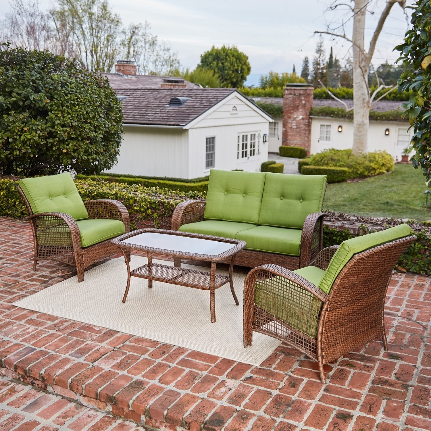 Shop Willow Spring Outdoor 4 Piece Wicker Furniture Seating Set With Loveseat Lounge Chair Coffee Table And Greenery Cushions Overstock 16928065