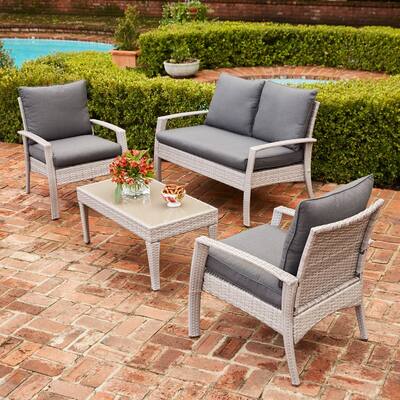 Urban Space Outdoor 4-Piece Wicker Furniture Seating Set with Loveseat, Lounge Chairs, Coffee Table and Grey Cushions