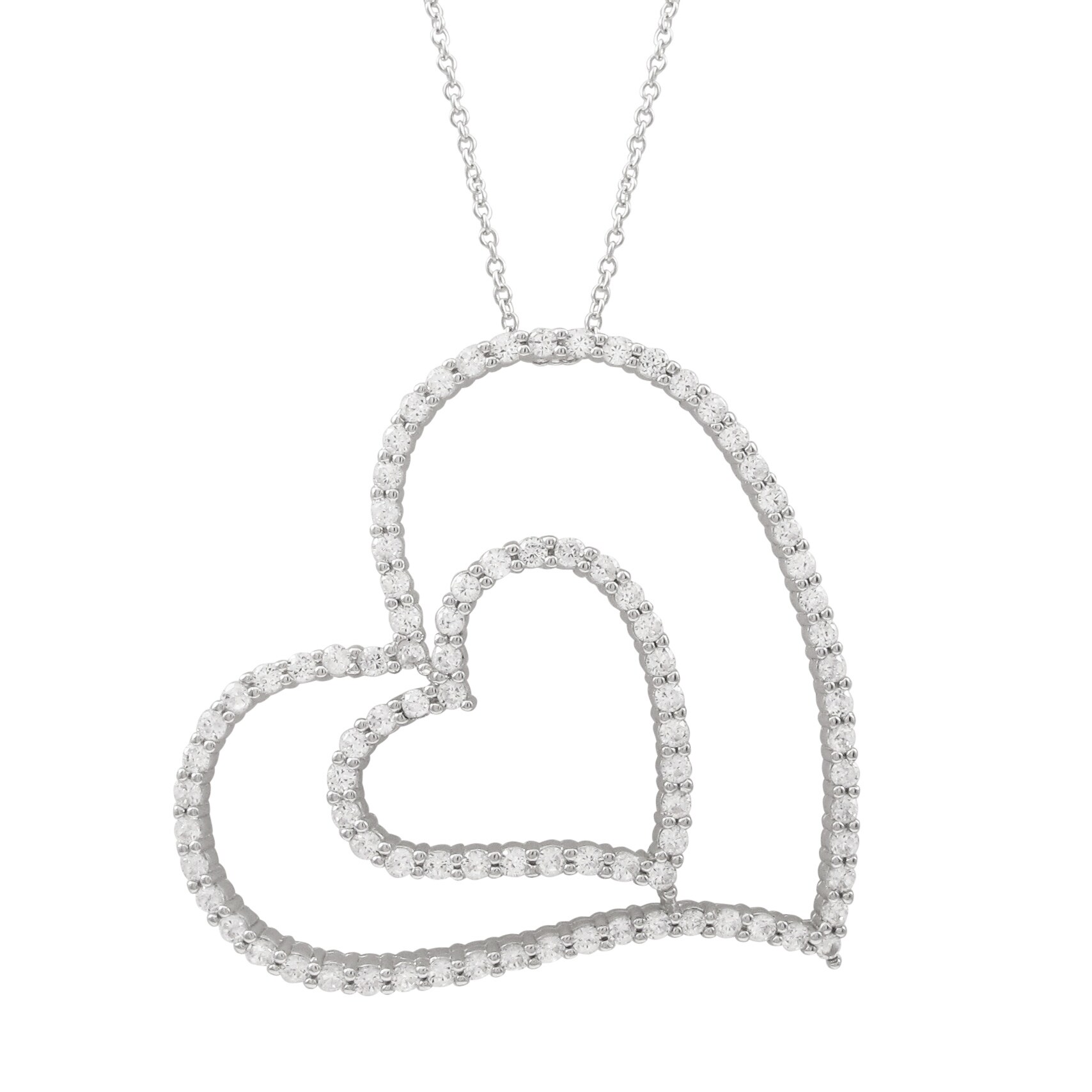 Luxiro Rhodium Finish Sterling Silver Double Open Heart Cubic Zirconia Pendant